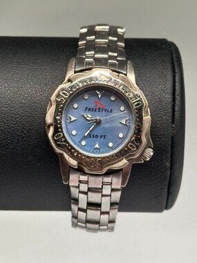 Freestyle Watch Womens Silver Tone Blue Mother of Pearl Dial New Battery 7.25"